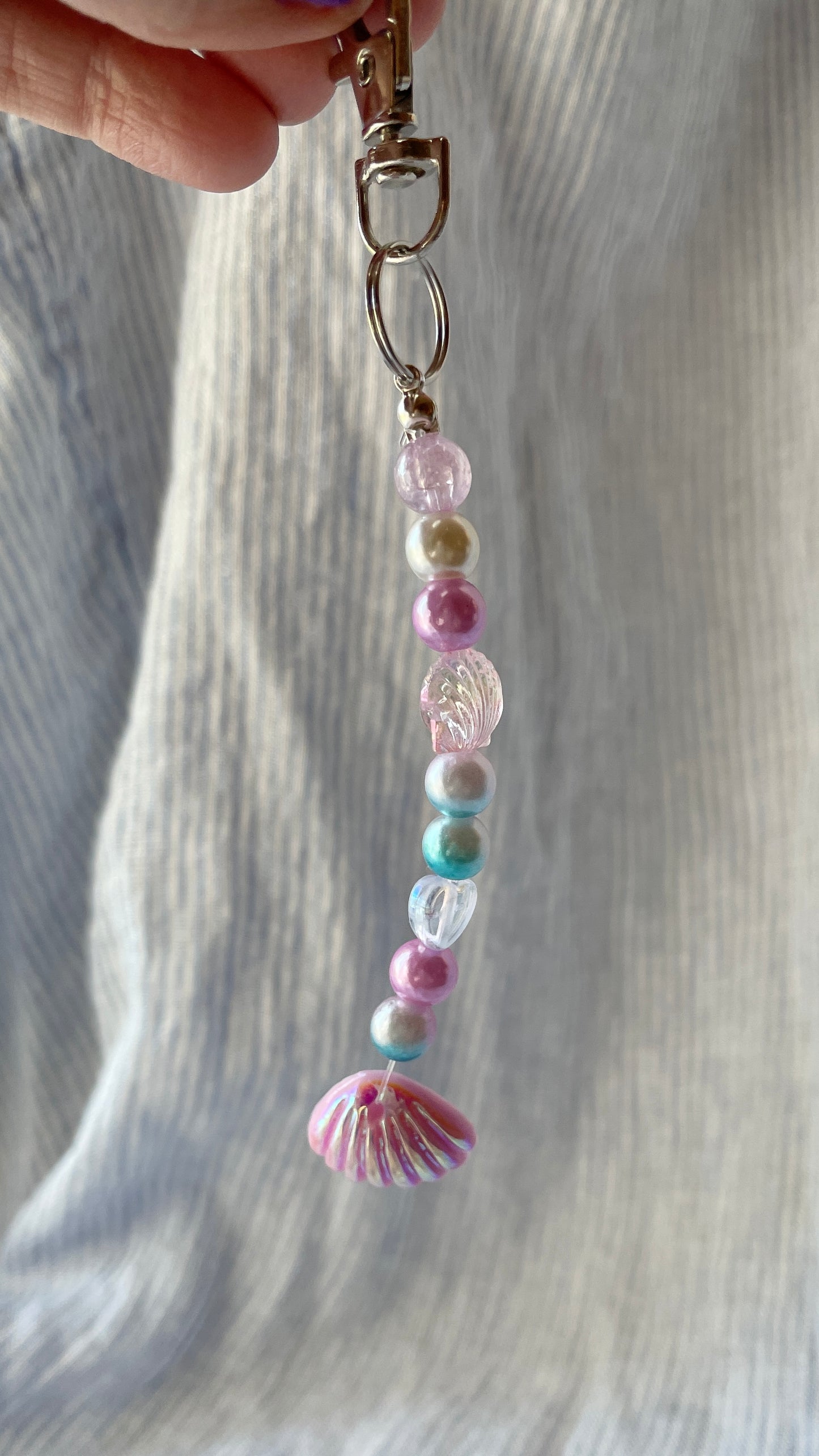 Purple & blue pearly Bag Charm with seashell charms