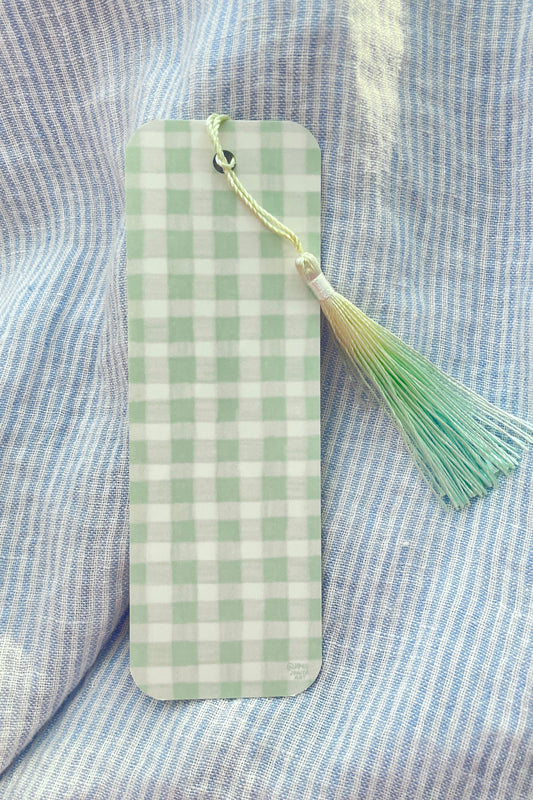 Green Gingham Bookmark with a yellow/green tassel