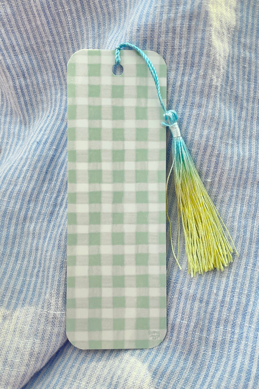 Green Gingham Bookmark with a yellow/blue tassel