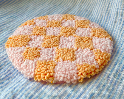 Pink & orange checkered mug coaster