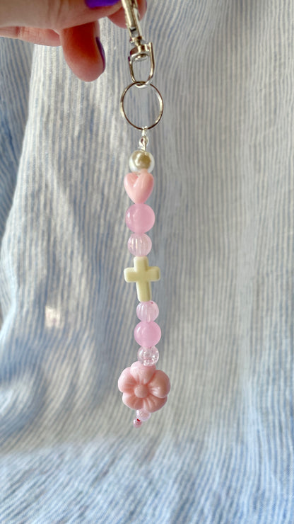 Light pink Bag Charm with heart, flower and cross charms
