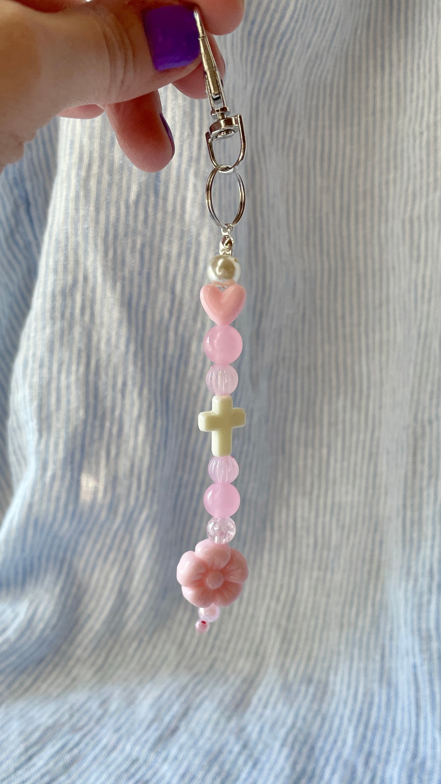 Light pink Bag Charm with heart, flower and cross charms