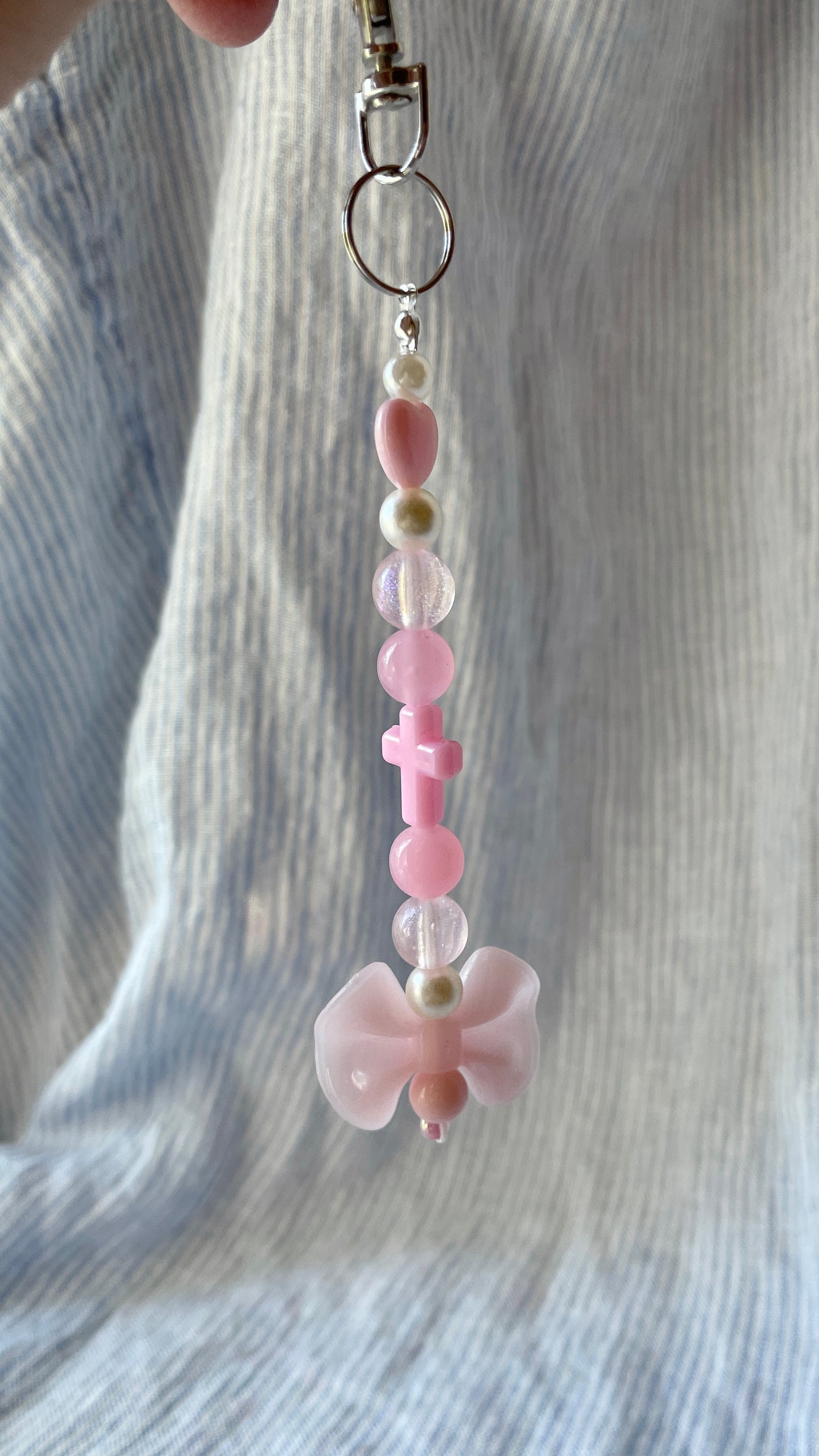 Light pink & pearl with bow and cross beaded Bag Charm