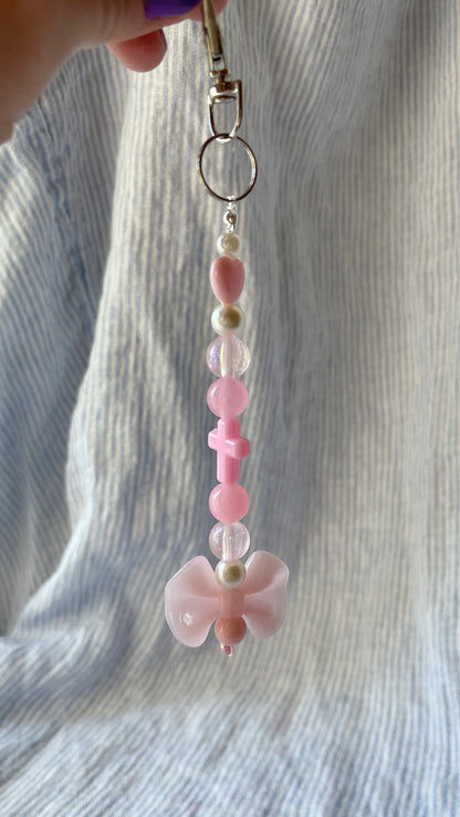 Light pink & pearl with bow and cross beaded Bag Charm