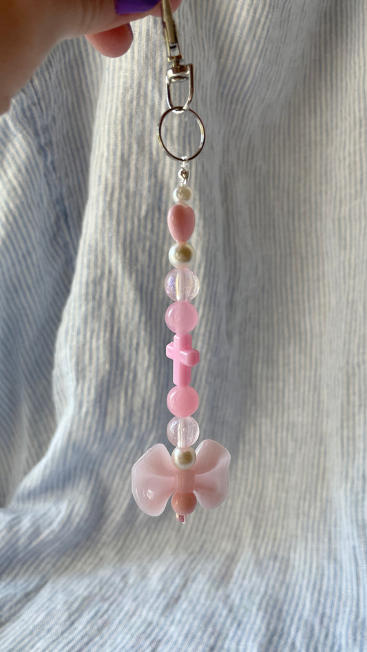 Light pink & pearl with bow and cross beaded Bag Charm