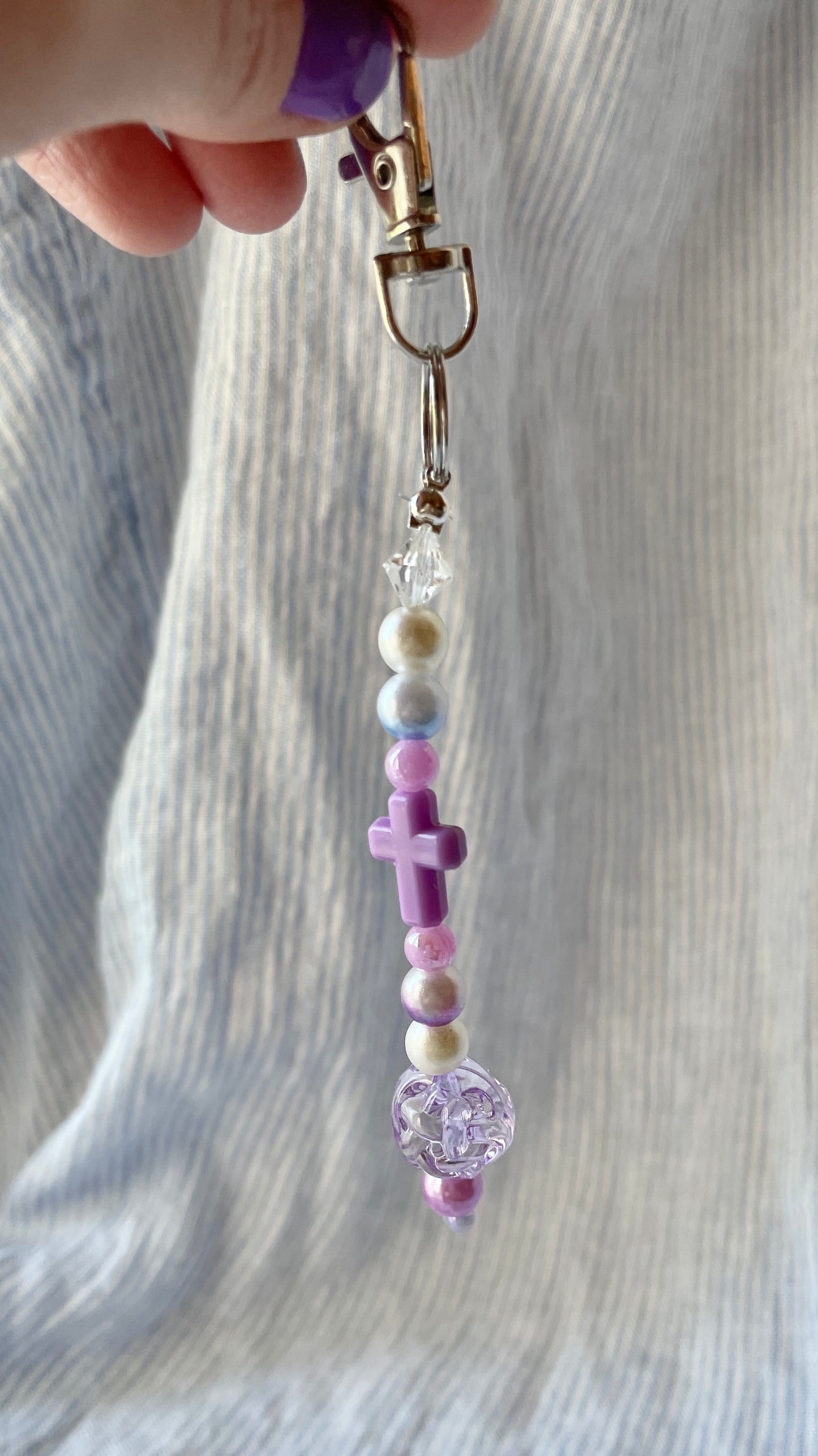 Purple and pearl beaded Bag Charm with cross charm