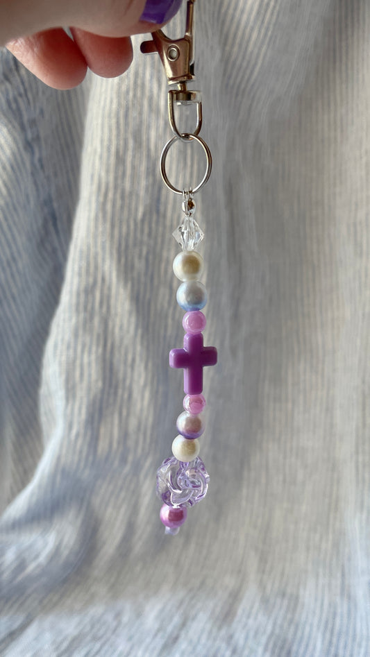 Purple and pearl beaded Bag Charm with cross charm