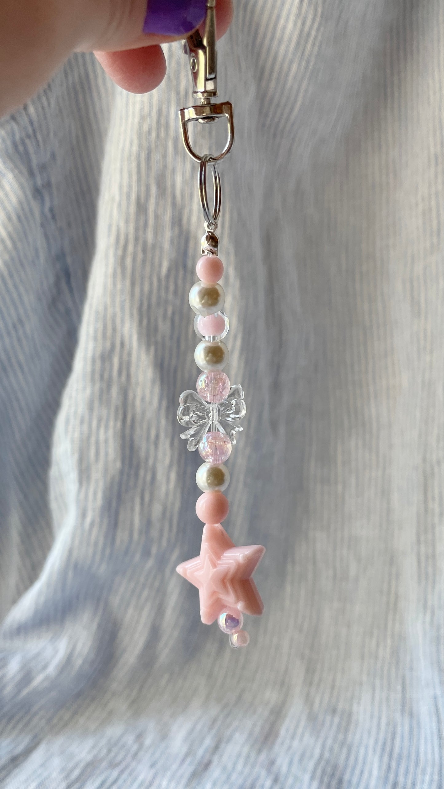 Light pink & pearl beaded Bag Charm with bow and star charms