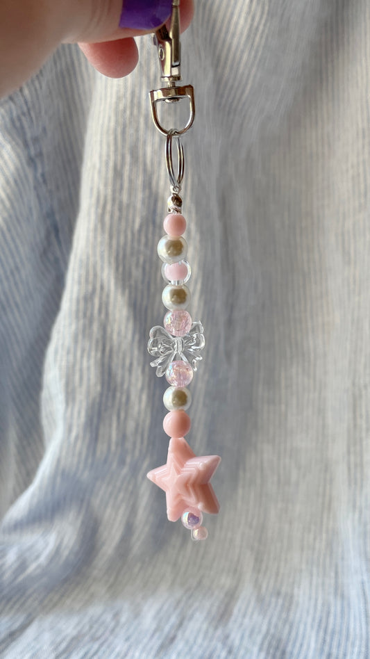 Light pink & pearl beaded Bag Charm with bow and star charms