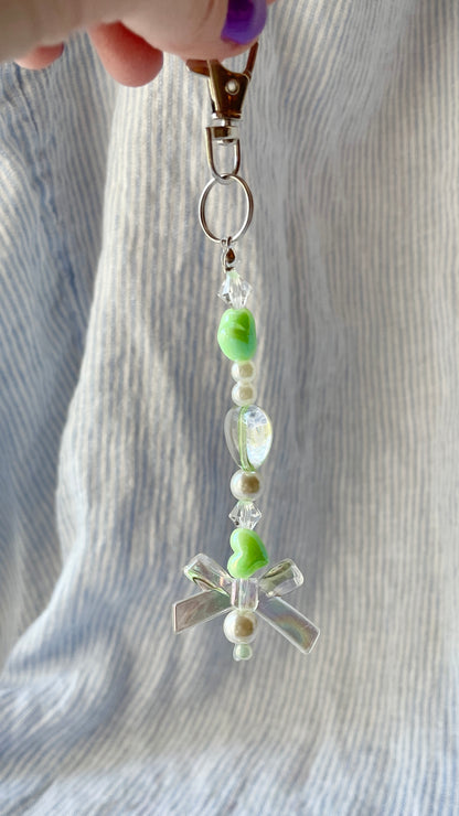 Light green and pearl beaded Bag Charm with hearts and bow charms