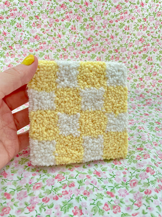 Yellow & white checker mug coaster